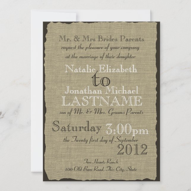 Invitation Burlap Look Mariage rustique (Devant)