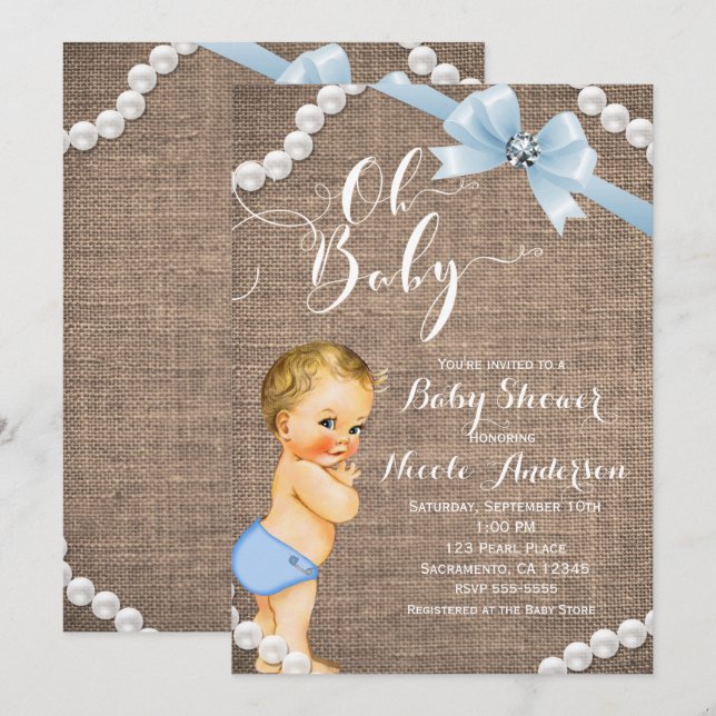 Invitation Burlap & Pearls Blue Bow Blonde Baby Boy Douche (Devant / Derrière)