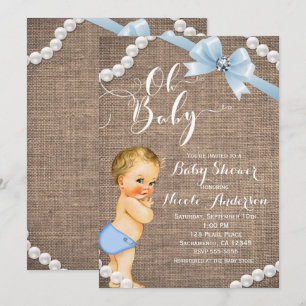 Invitation Burlap & Pearls Blue Bow Blonde Baby Boy Douche