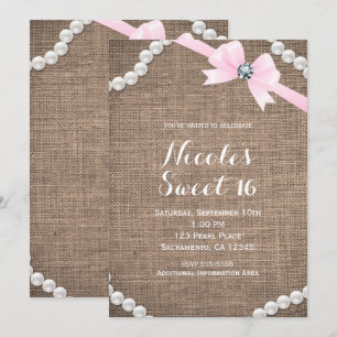 Invitation Burlap & Pearls Nœud Rose Glamour Sweet 16 Fête