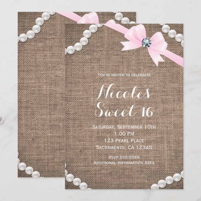 Invitation Burlap & Pearls Pink Bow Glamor Sweet 16 Party (Devant / Derrière)