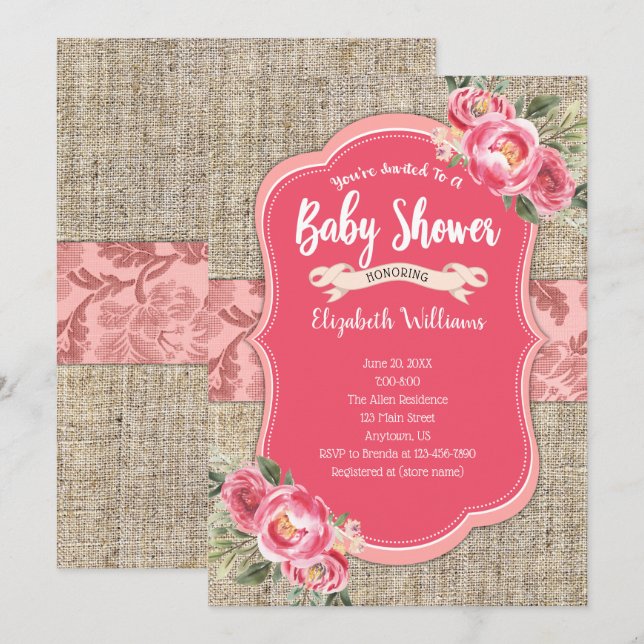 Invitation Burlap Rose Aquarelle Fleurs Baby shower fille (Devant / Derrière)