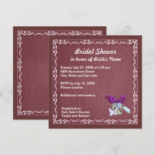 Invitation Burlap Rouge, Fleurs Violettes, Fête des mariées J