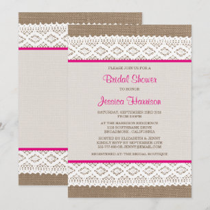 Invitation Burlap rustique et Fête des mariées en dentelle bl