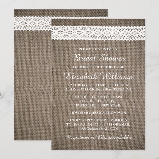 Invitation Burlap rustique et Fête des mariées en dentelle bl (Devant / Derrière)