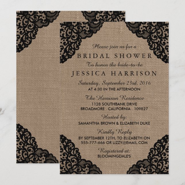 Invitation Burlap rustique et Fête des mariées en dentelle no (Devant / Derrière)