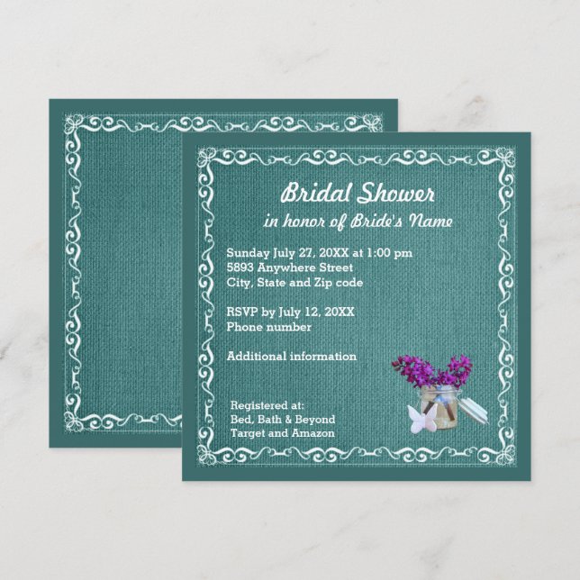 Invitation Burlap vert Fleurs violettes Fête des mariées de p (Devant / Derrière)