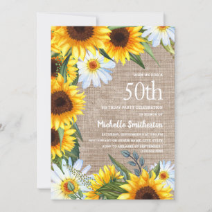 Invitation Burlap White Daisies Yellow Sunflower 50e annivers