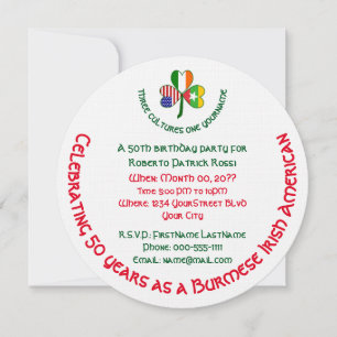 Invitation Burmese Myanmar Irlandais USA Trèfle Anniversaire 