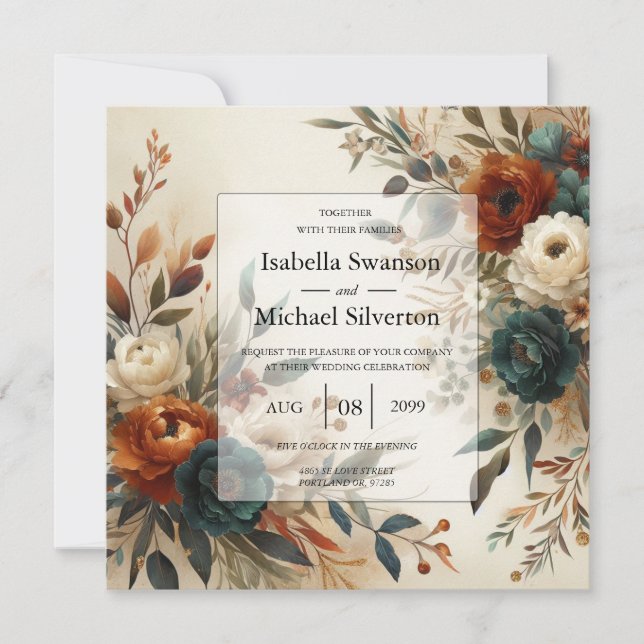 Invitation Burnt Orange and Blue Fall Flowers Wedding  (Devant)