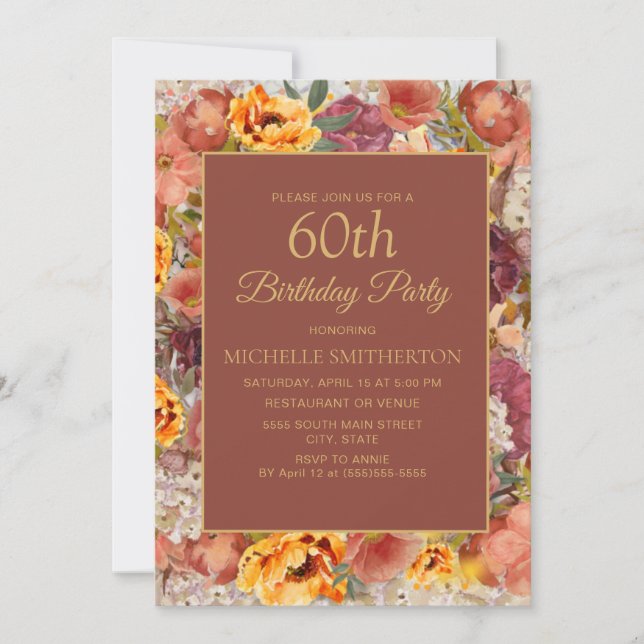 Invitation Burnt Orange Crème rouille Floral 60e anniversaire (Devant)