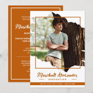 Invitation Burnt Orange Edgy Abstrait Torn Photo Graduation