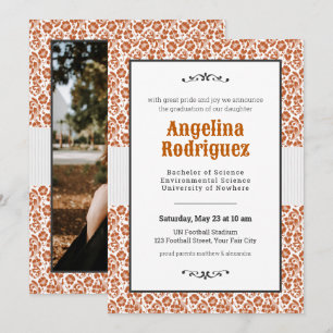 Invitation Burnt Orange Floral Damask Photo Graduation