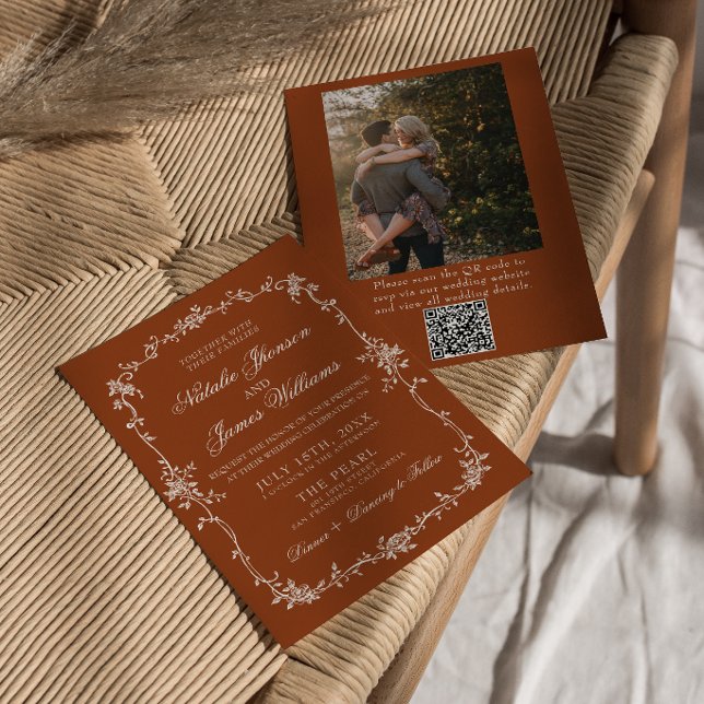 Invitation Burnt Orange Floral Terracotta QR Code Wedding (Créateur téléchargé)
