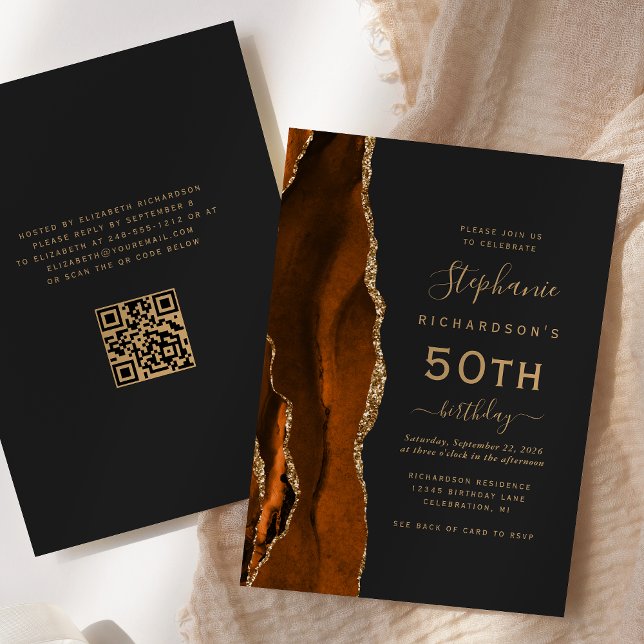 Invitation Burnt Orange Gold Agate QR Code 50e anniversaire (Créateur téléchargé)