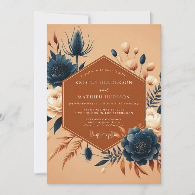 Invitation Burnt Orange Indigo Flora Wedding (Devant)