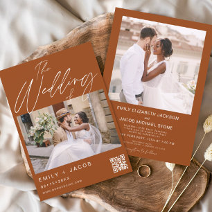 Invitation Burnt Orange Le Mariage de Two Photo Code QR