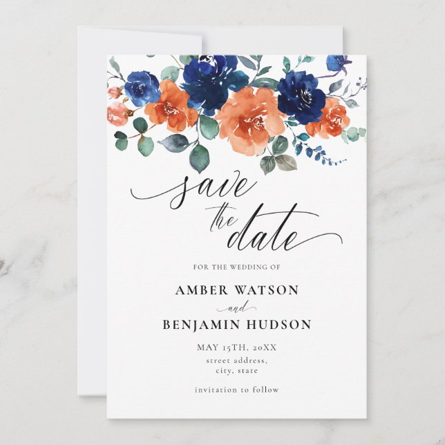 Invitation Burnt Orange Marine Blue Wedding Enregistrer La Da (Devant)