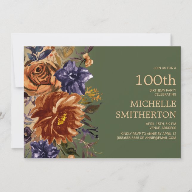 Invitation Burnt Orange rouille Bleu Floral Vert 100e anniver (Devant)