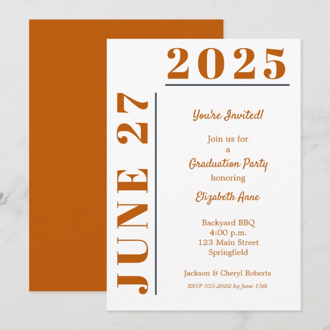 Invitation Burnt Orange White Graduation Party (Devant / Derrière)