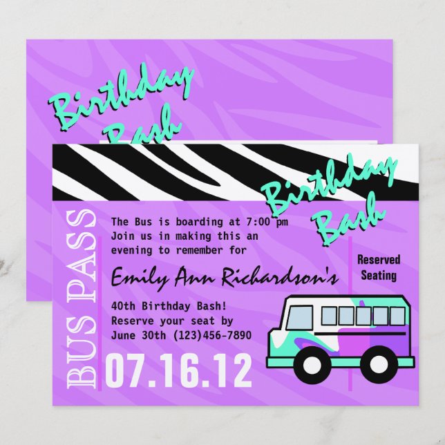 Invitation Bus de fête Anniversaire Bash (Devant / Derrière)