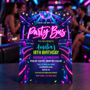 Invitation Bus de fête néon pour anniversaire