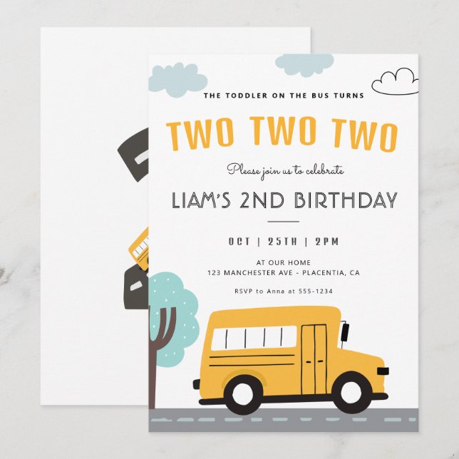 Invitation Bus scolaire Deuxième anniversaire Roues à la fête (Devant / Derrière)