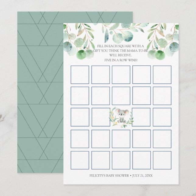 Invitation Bush Baby Koala Baby shower Bingo Game Card (Devant / Derrière)