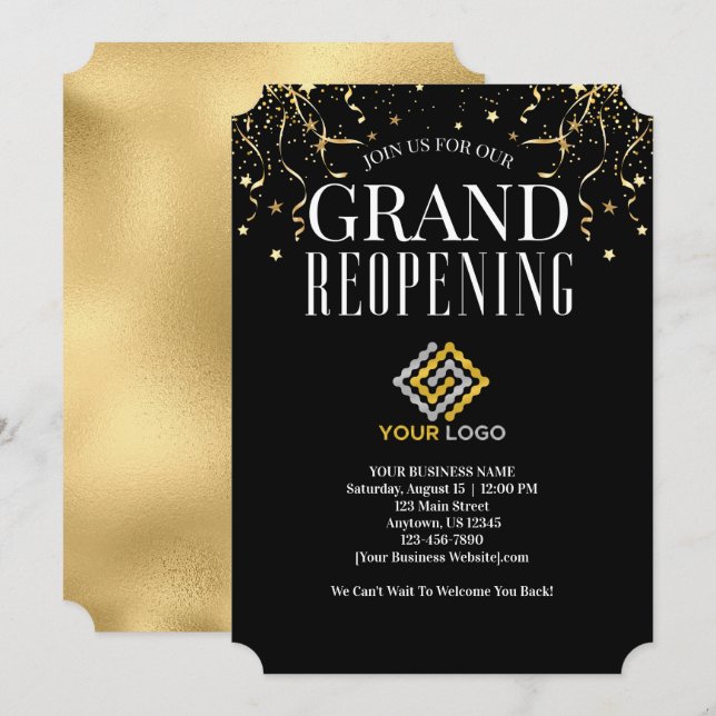 Invitation Business Grand Réouverture Logo Faux Gold Confetti (Devant / Derrière)