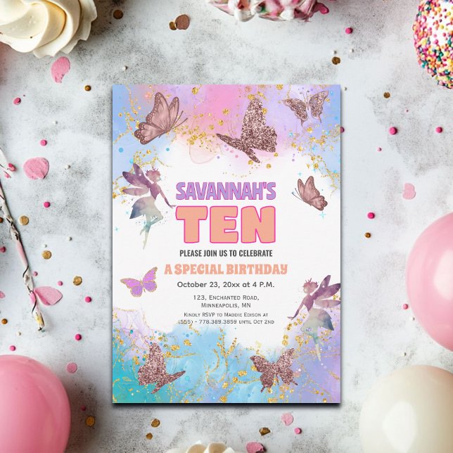 Invitation Butterflies Fairy Gold Glitter 10th Birthday Party (Créateur téléchargé)