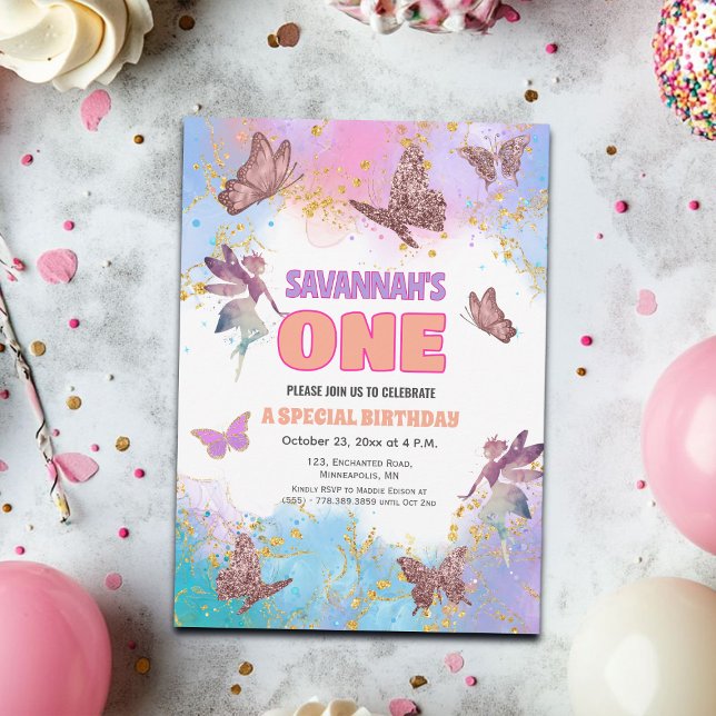 Invitation Butterflies Fairy Gold Glitter 1st Birthday Party (Créateur téléchargé)