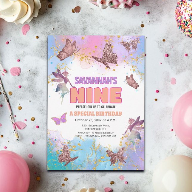 Invitation Butterflies Fairy Gold Glitter 9th Birthday Party (Créateur téléchargé)