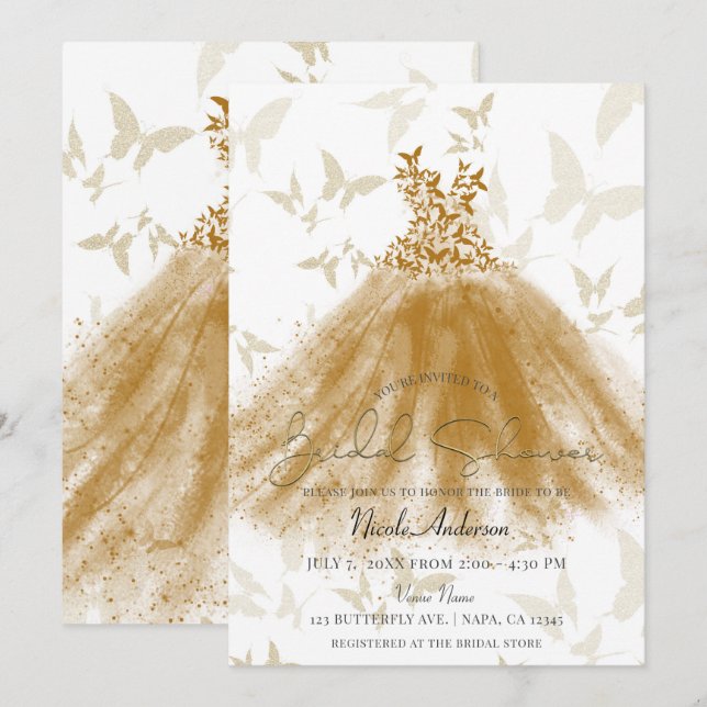 Invitation Butterfly Dance Gold Sparkle robe Fête des mariées (Devant / Derrière)