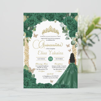 Invitation Butterfly Emerald Green Gold Princess Quinceanera