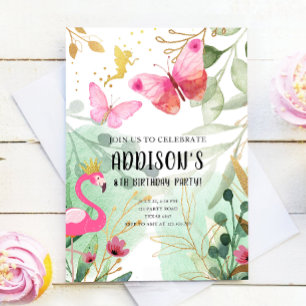 Invitation Butterfly Garden Flamant rose Fairy Flowers Annive
