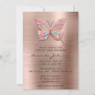 Invitation Butterfly Girl Sweet 16ème Rose Royal brossé métal