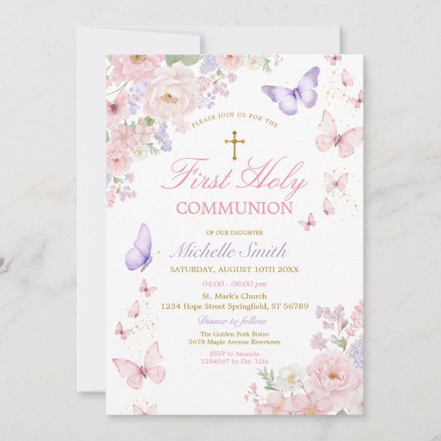 Invitation Butterfly Soft Floral First Holy Communion (Devant)