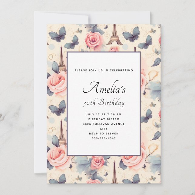 Invitation Butterfly Tour Eiffel et Motif Rose Anniversaire (Devant)