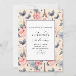 Invitation Butterfly Tour Eiffel et Motif Rose Anniversaire