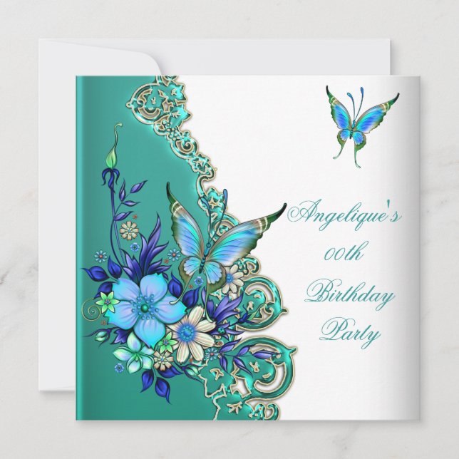 Invitation Butterfly Turquoise Blue Floral Gold White Party (Devant)