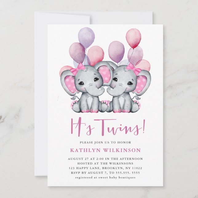 Invitation C’est Twins Elephant Pink Balloon Baby shower mign (Devant)