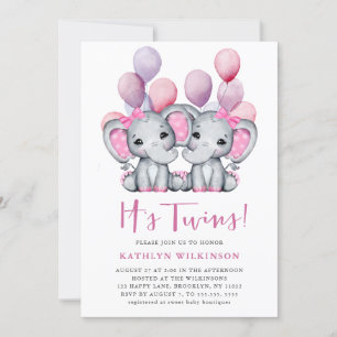 Invitation C’est Twins Elephant Pink Balloon Baby shower mign