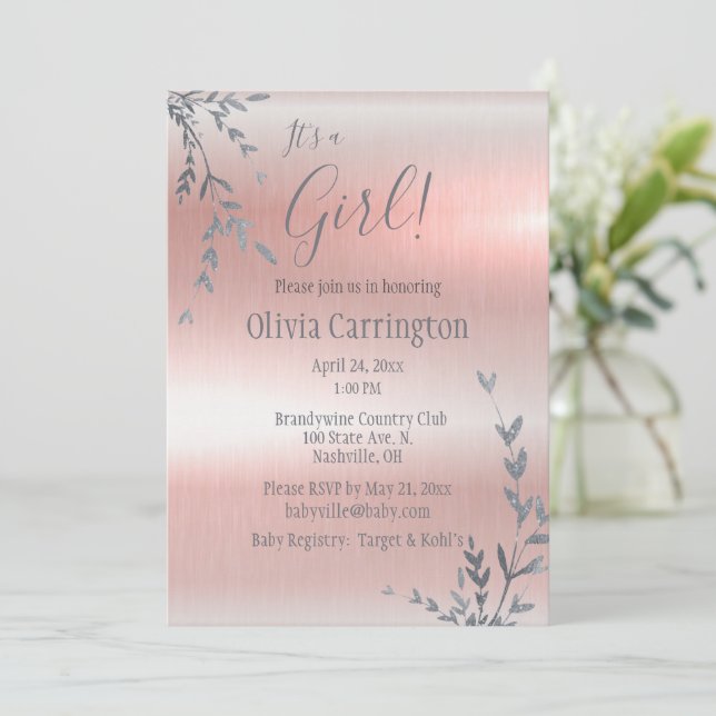 Invitation C’est un Baby shower de feuilles d’argent rose PIR (Debout devant)