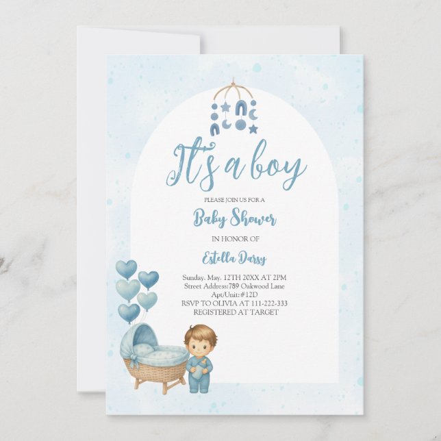 Invitation C’est un Baby shower de pouponnière bleu garçon (Devant)