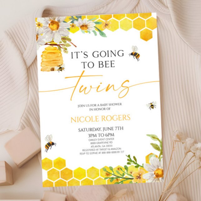 Invitation Ça va être des jumeaux Beehive Baby shower floral (Créateur téléchargé)
