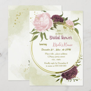Invitation cabernet rose fleurs vert feuille douche nuptiale