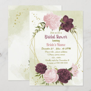 Invitation cabernet rose fleurs vert feuille douche nuptiale