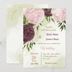 Invitation cabernet rose fleurs vert feuille mariage