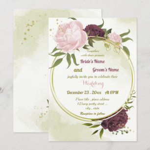 Invitation cabernet rose fleurs vert feuille mariage