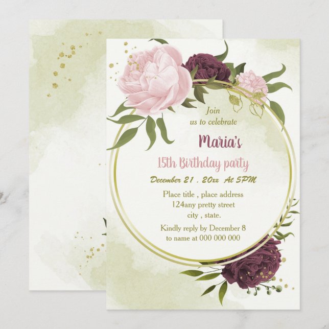 Invitation cabernet rose fleurs vert feuilles anniversaire (Devant / Derrière)